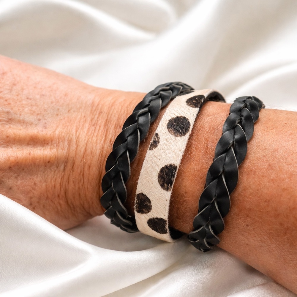 Black Braided & Leopard Print Leather Bracelet Set
